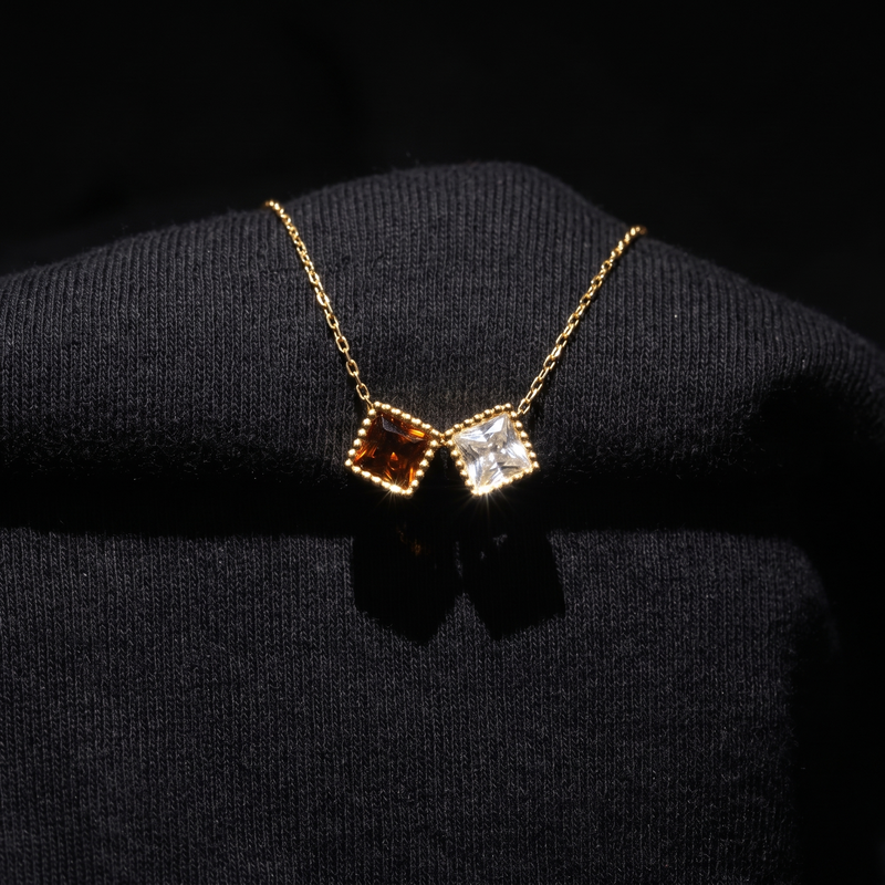 Two Birthstone Necklace – Square Stone Chain Necklace