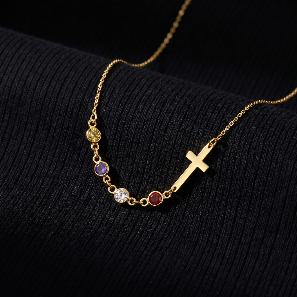 Sideways Cross Birthstone Necklace