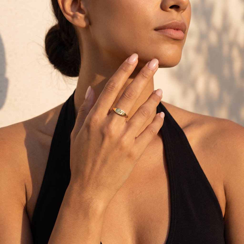Personalized Dainty Engraved Script Initial Oval Tapered Signet Ring