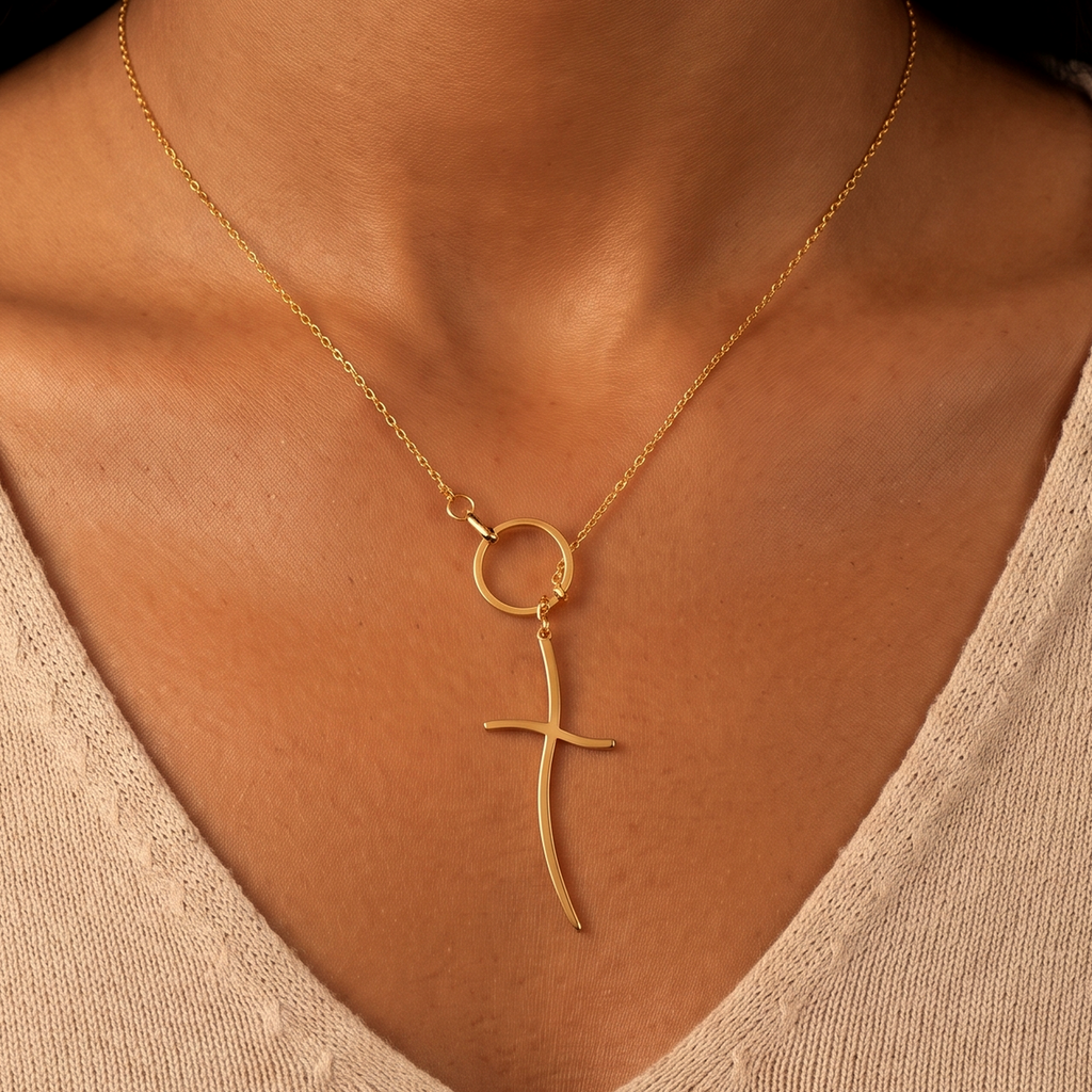 Curved Cross Lariat Necklace
