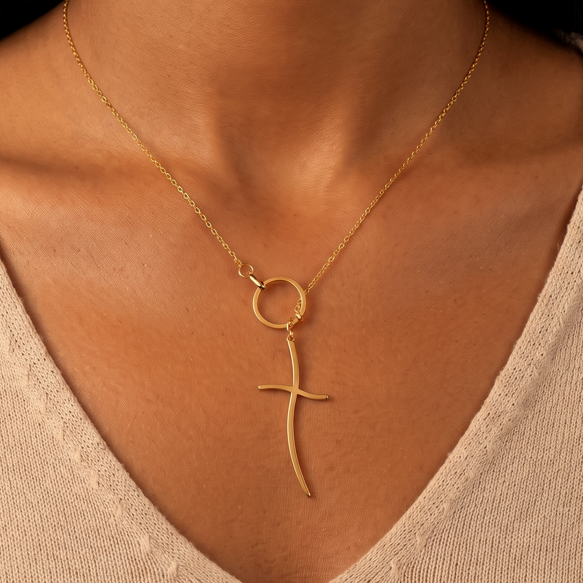 Curved Cross Lariat Necklace
