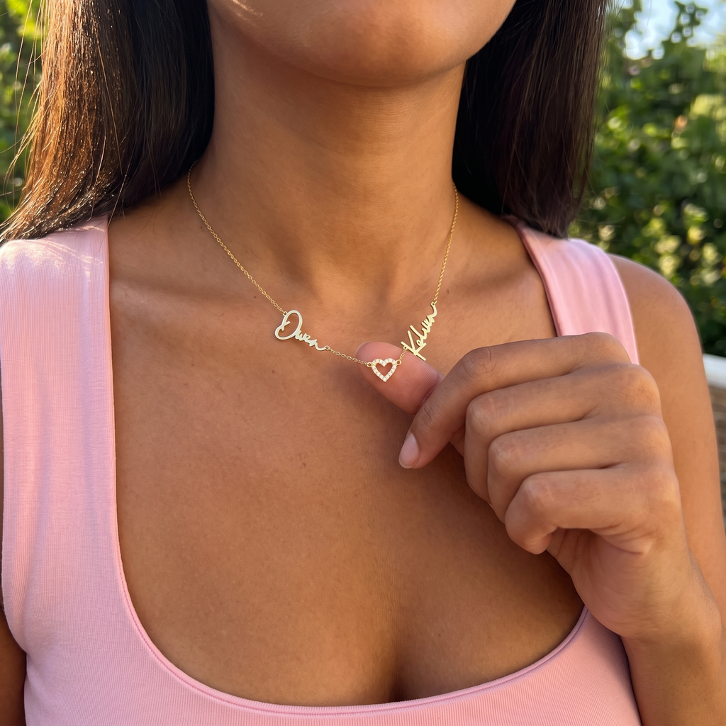 Pave Heart Couple Name Necklace