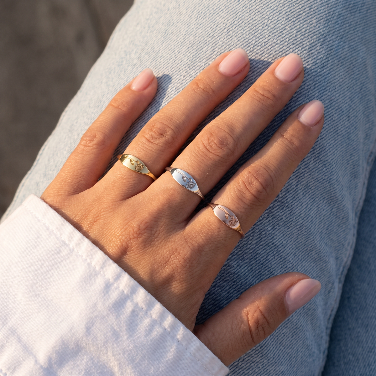 Personalized Dainty Engraved Birth Flower Tapered Oval Signet Ring