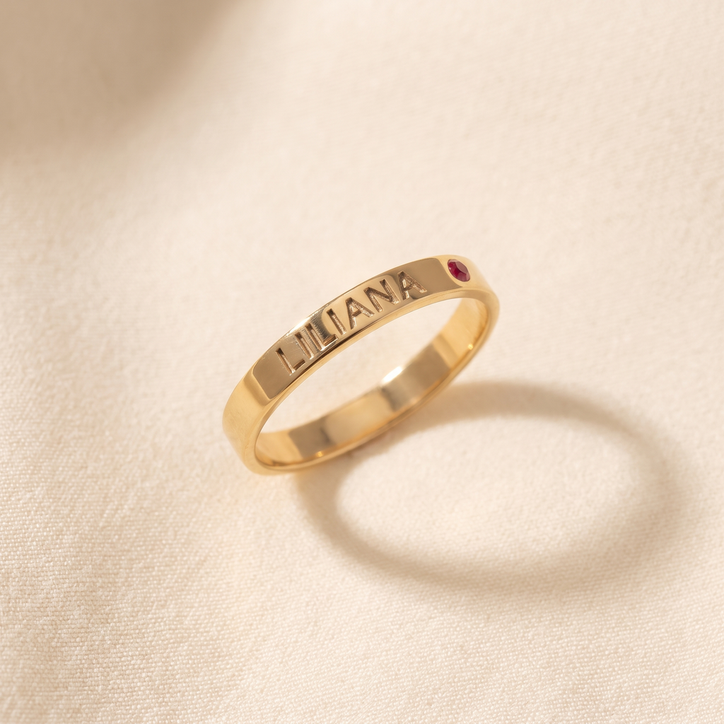 Engraved Name Ring with Birthstone