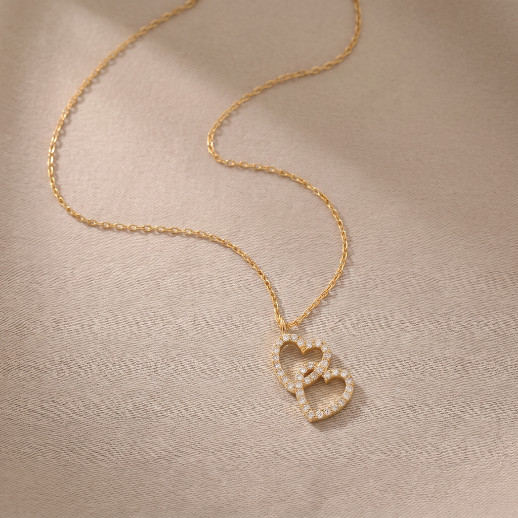 Dainty Pave Cubic Zirconia Double Heart Interlocking Pendant Necklace