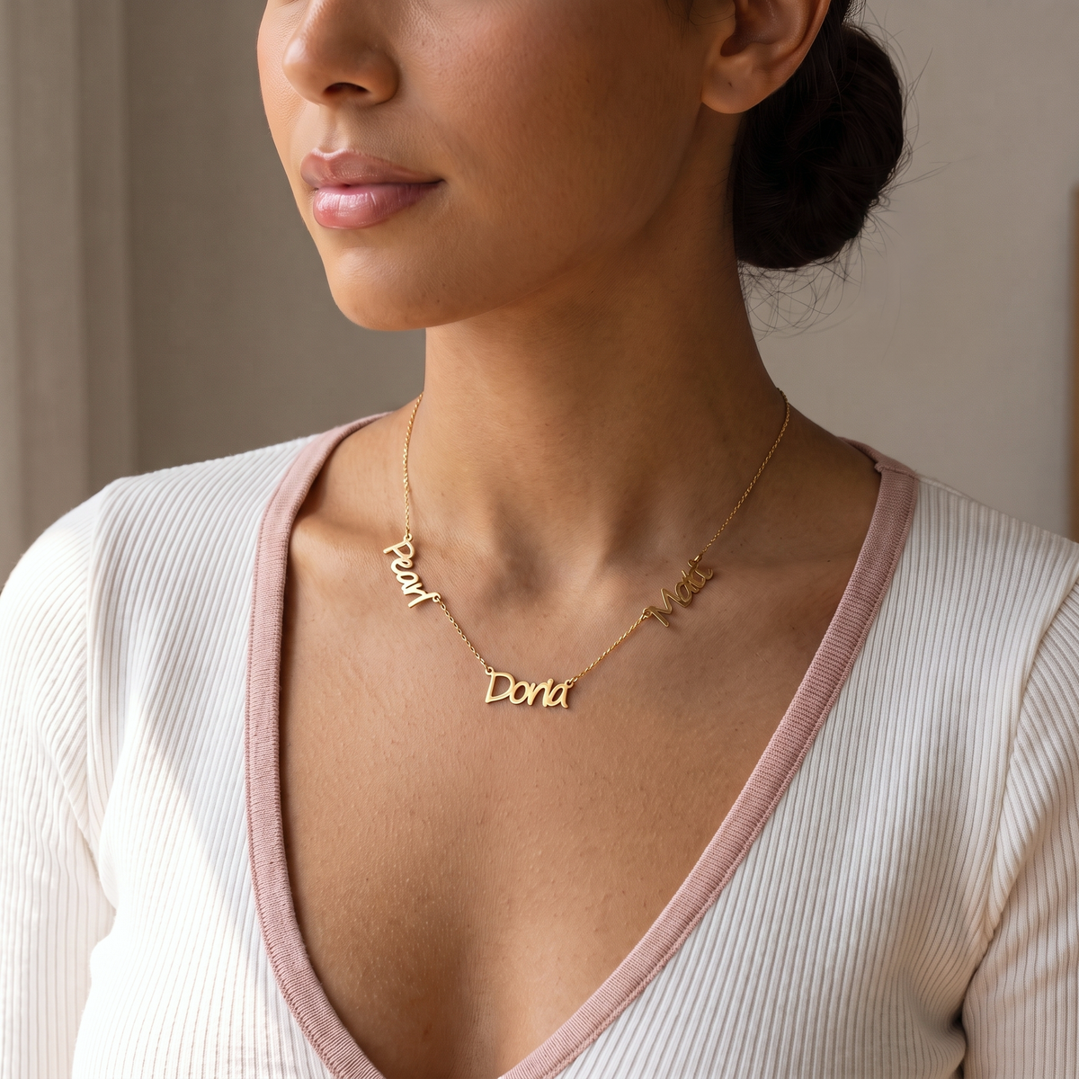 Personalized Dainty Three Name Script Cutout Necklace