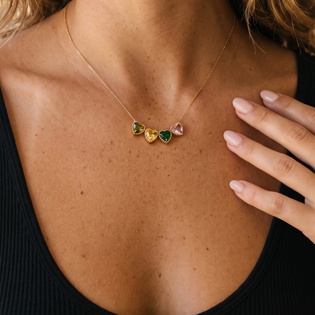 Personalized Dainty Faceted Heart Birthstone Beaded Bezel Pendant Necklace