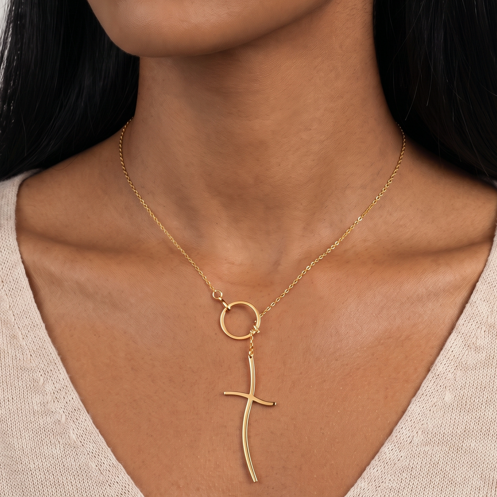Curved Cross Lariat Necklace