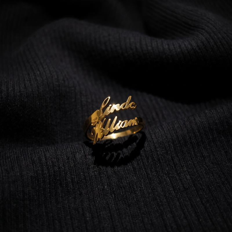 Custom Double Name Ring – Cursive Script Bypass Ring