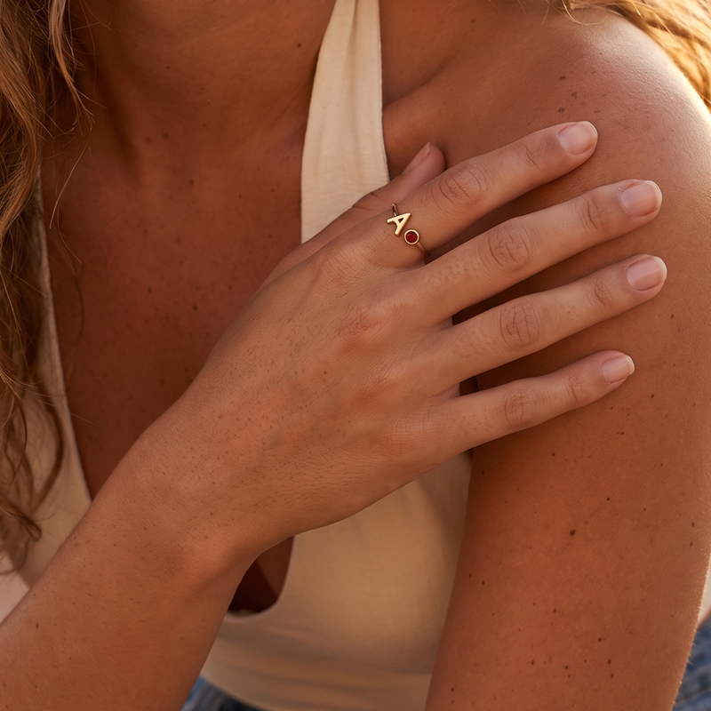 Initial Birthstone Ring – Personalized Open Wrap Ring