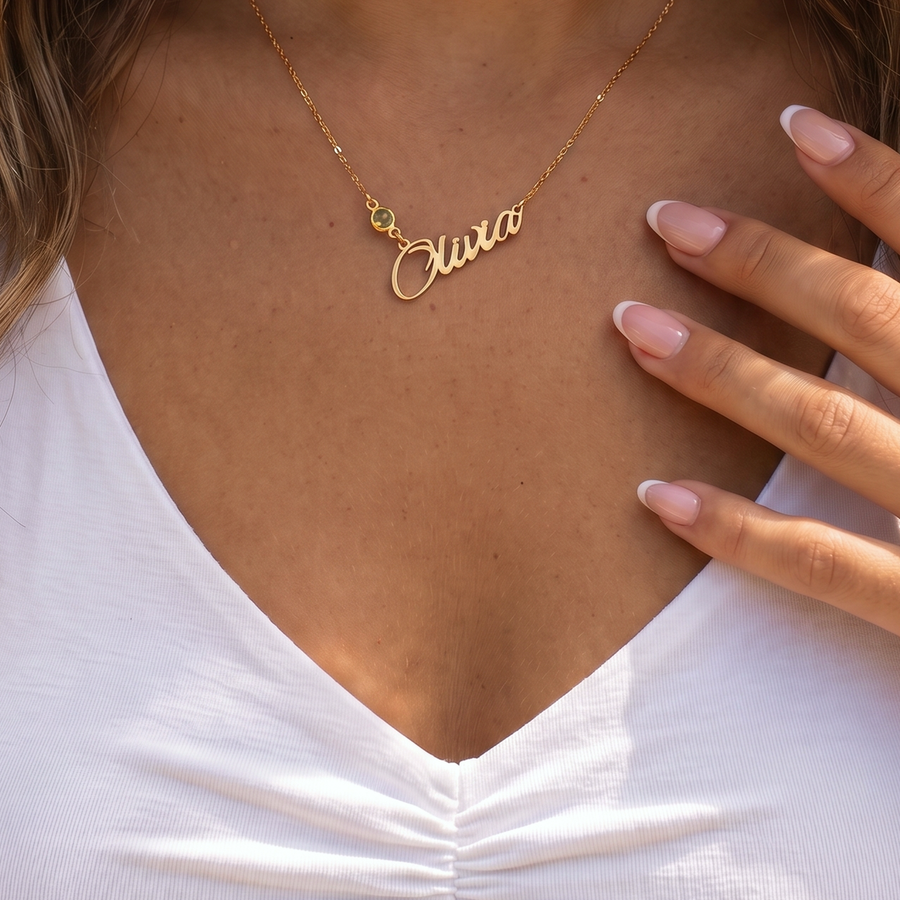 Name Necklace with Birthstone – Script Nameplate