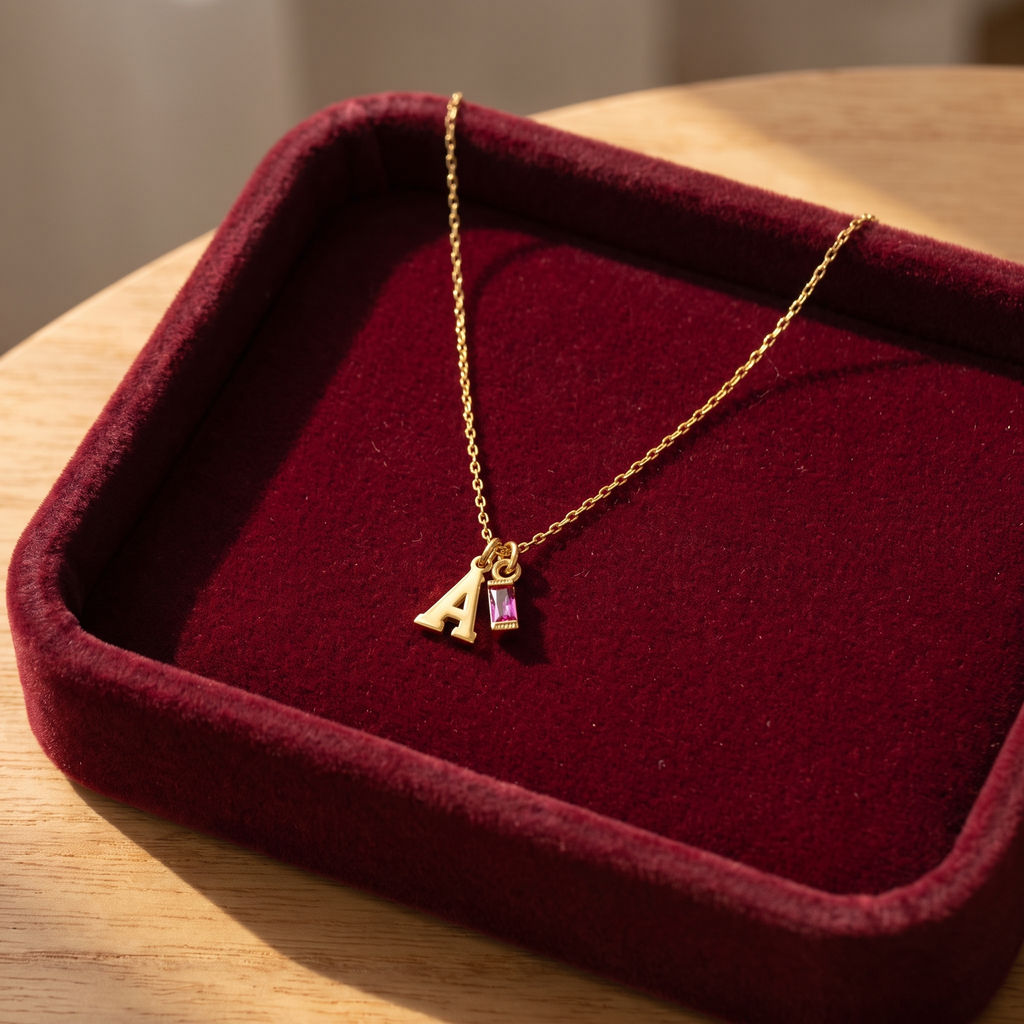Initial Baguette Birthstone Necklace