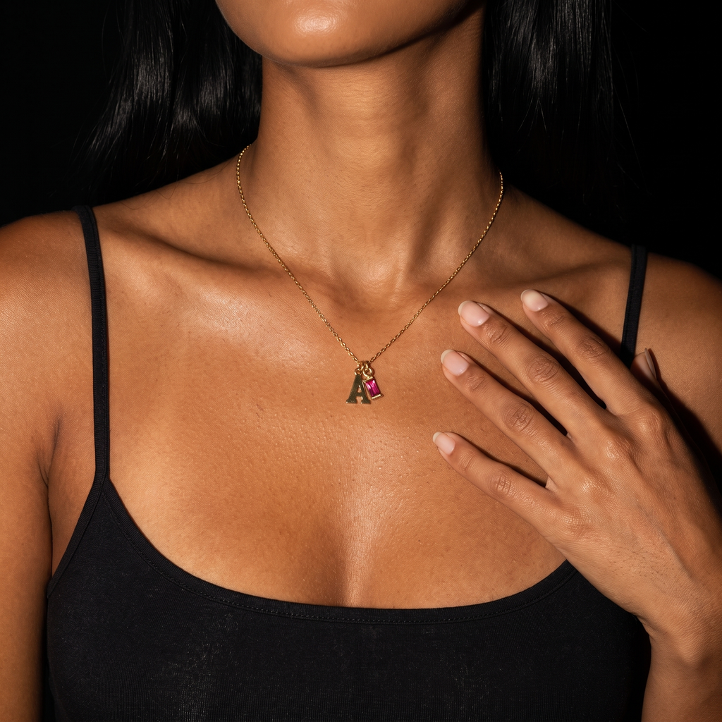 Initial Baguette Birthstone Necklace
