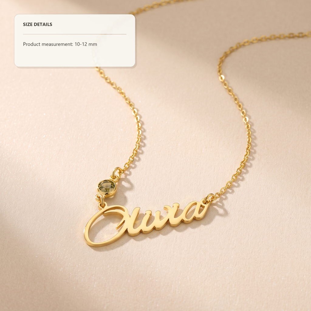 Personalized Dainty Script Name Bezel Set Birthstone Pendant Necklace