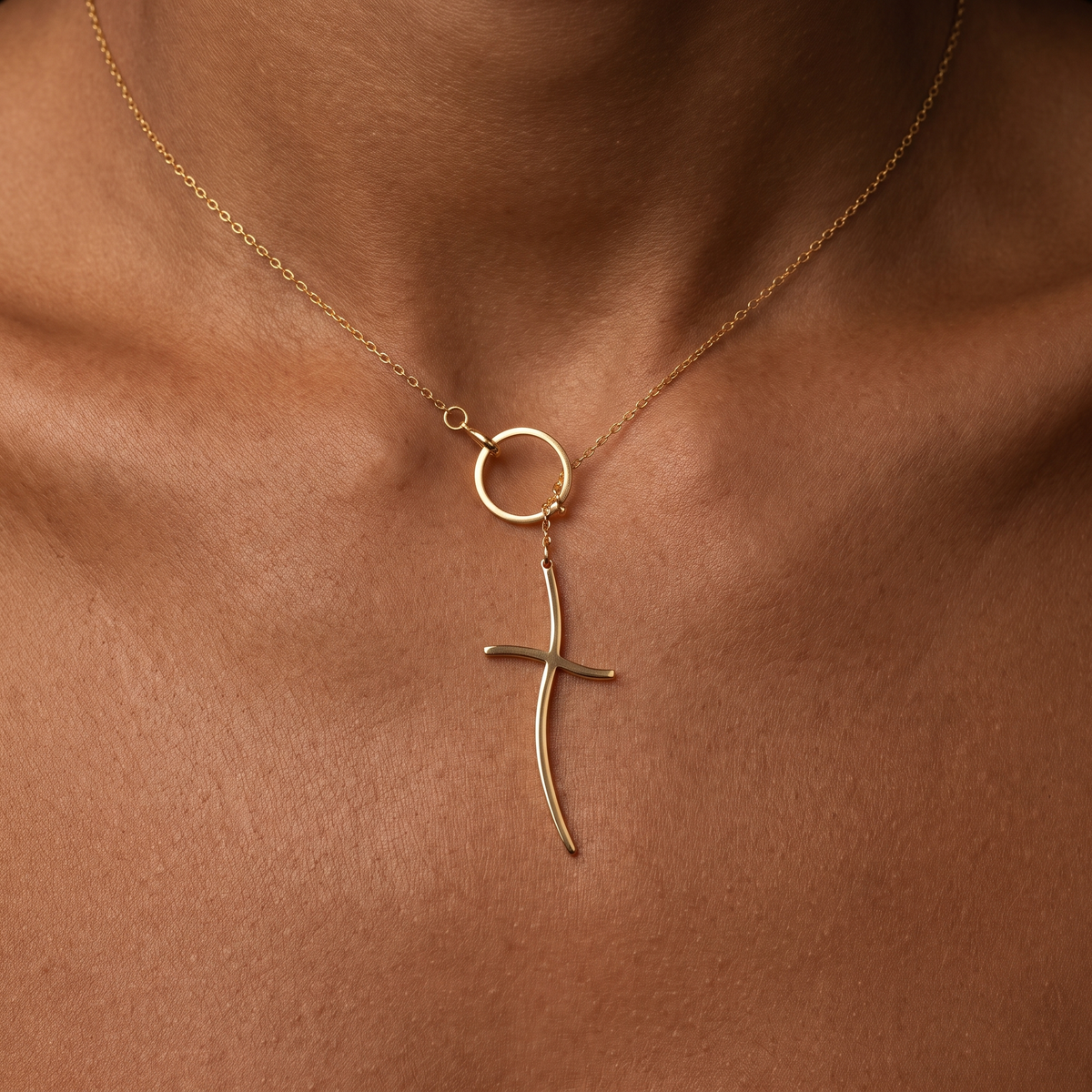 Curved Cross Lariat Necklace