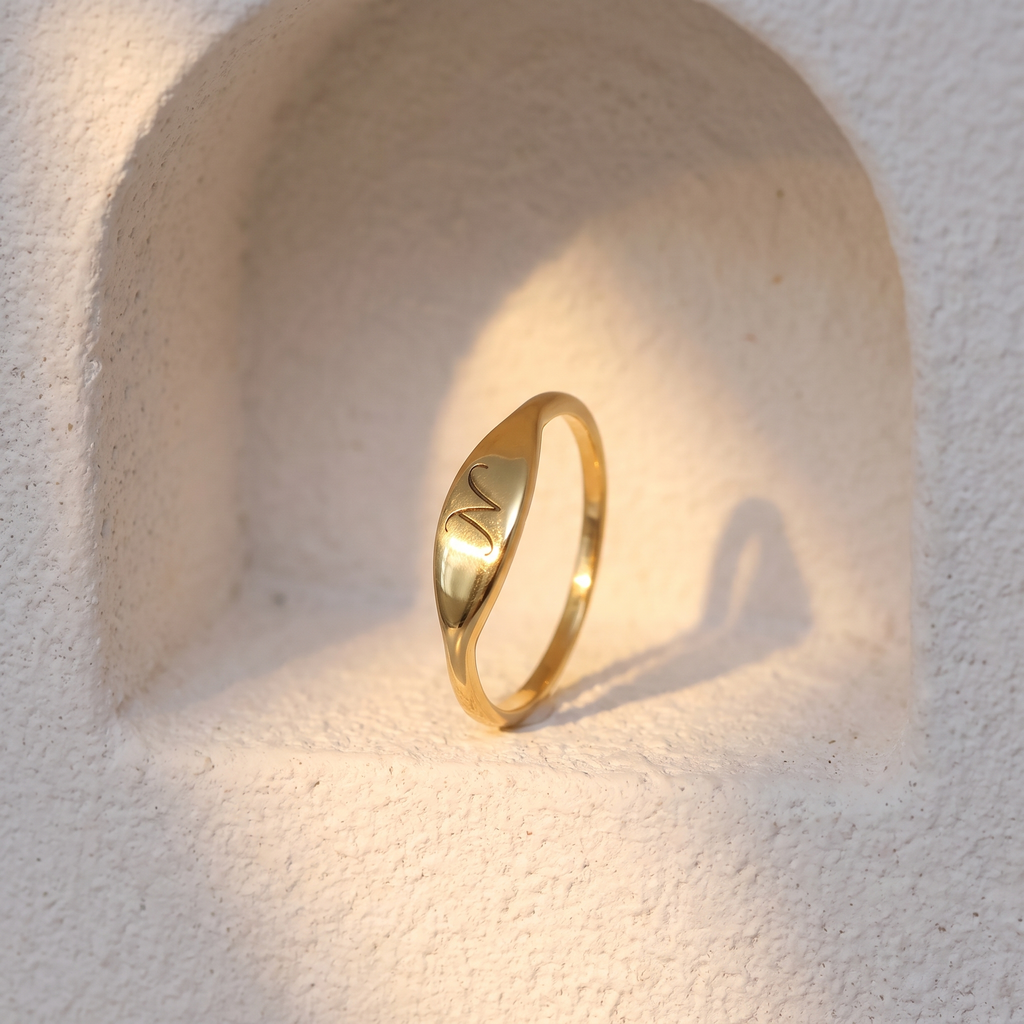 Personalized Dainty Engraved Script Initial Oval Tapered Signet Ring