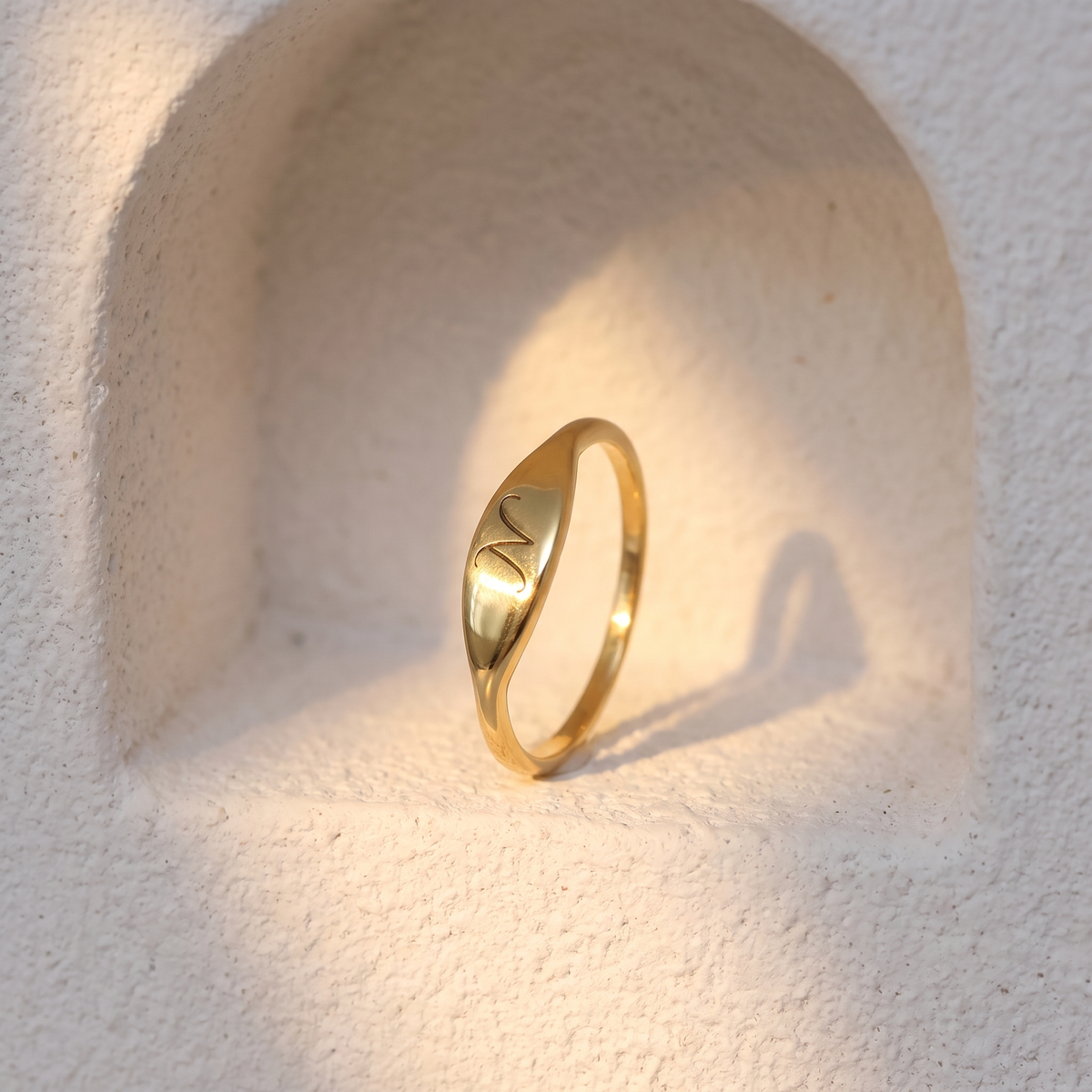 Personalized Dainty Engraved Script Initial Oval Tapered Signet Ring