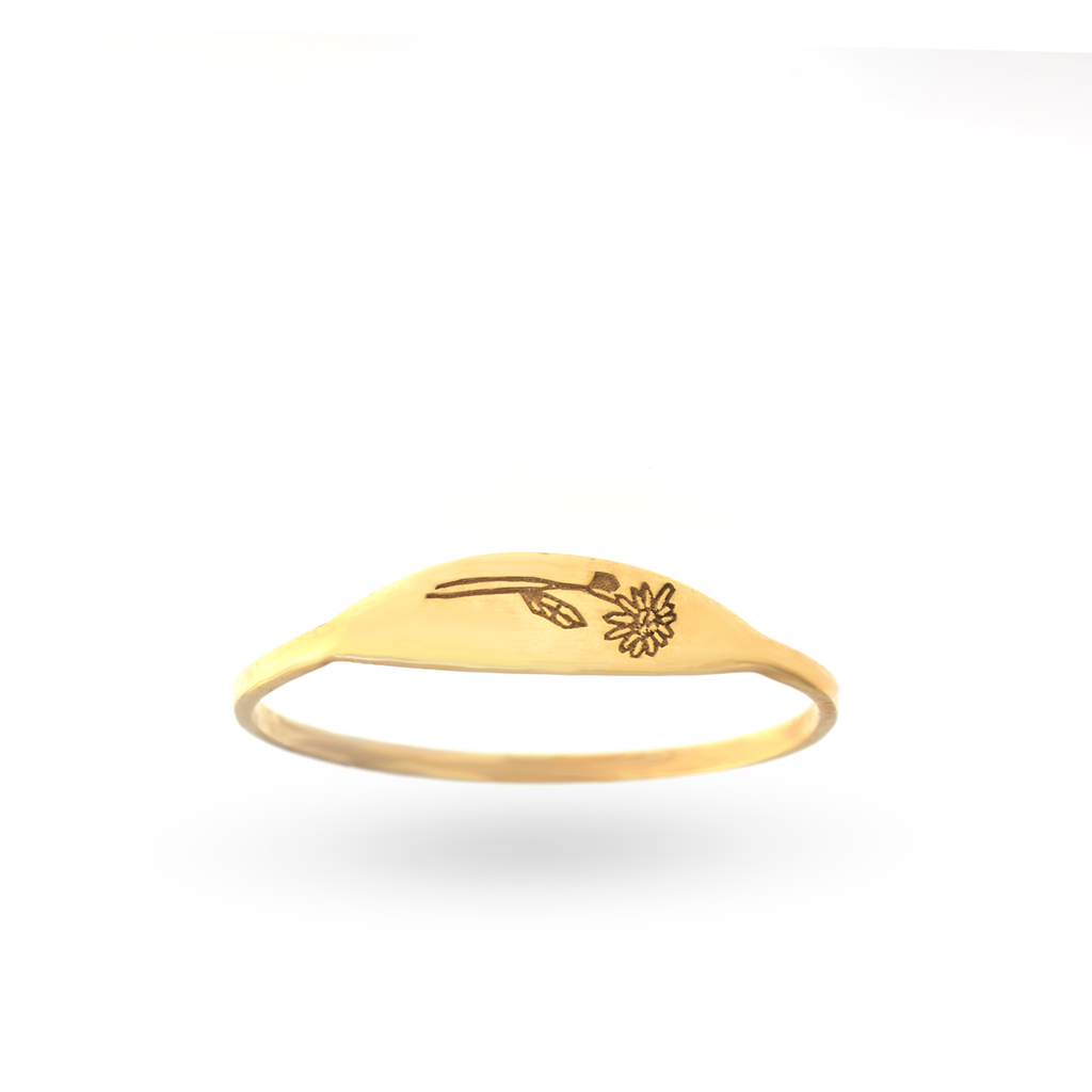 Personalized Dainty Engraved Birth Flower Tapered Oval Signet Ring
