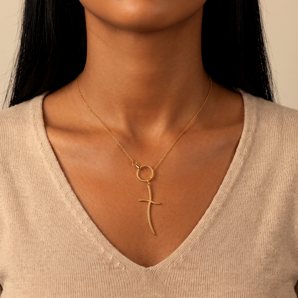 Curved Cross Lariat Necklace