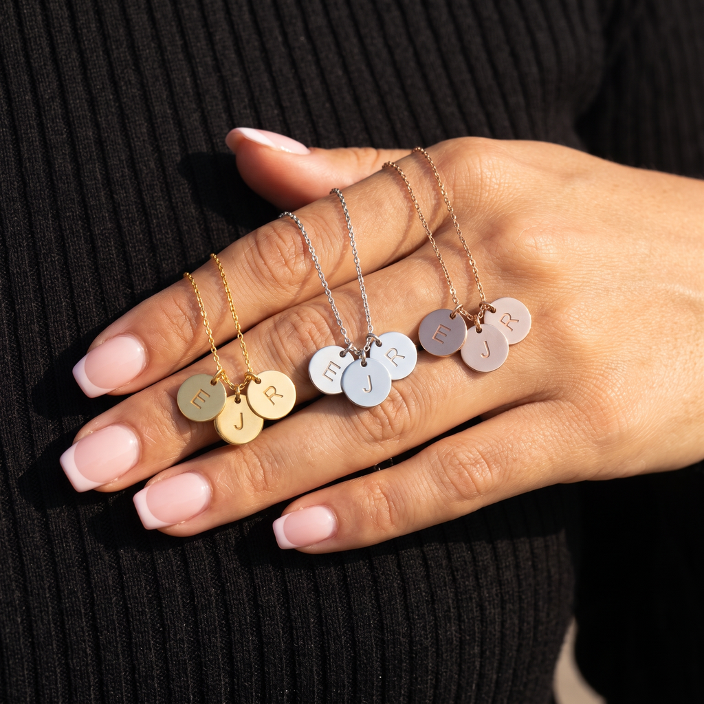 Personalized Dainty Engraved Multiple Initial Round Disc Charm Necklace