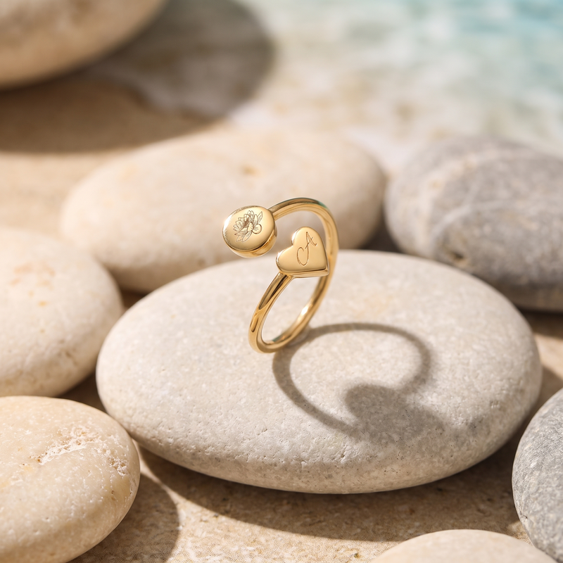 Birth Flower Initial Ring – Engraved Heart Circle Ring