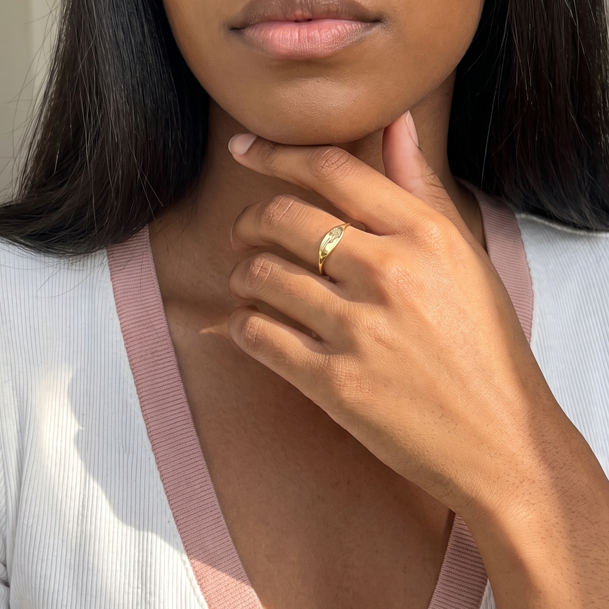 Personalized Dainty Engraved Birth Flower Tapered Oval Signet Ring