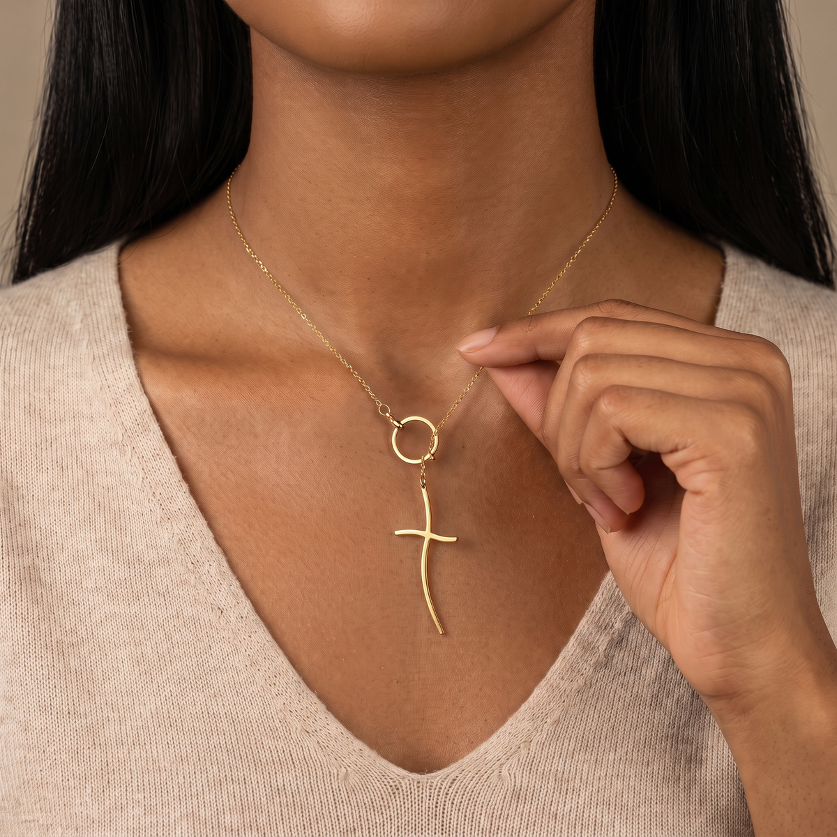 Curved Cross Lariat Necklace