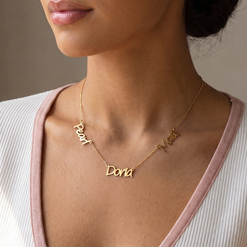 Personalized Dainty Three Name Script Cutout Necklace