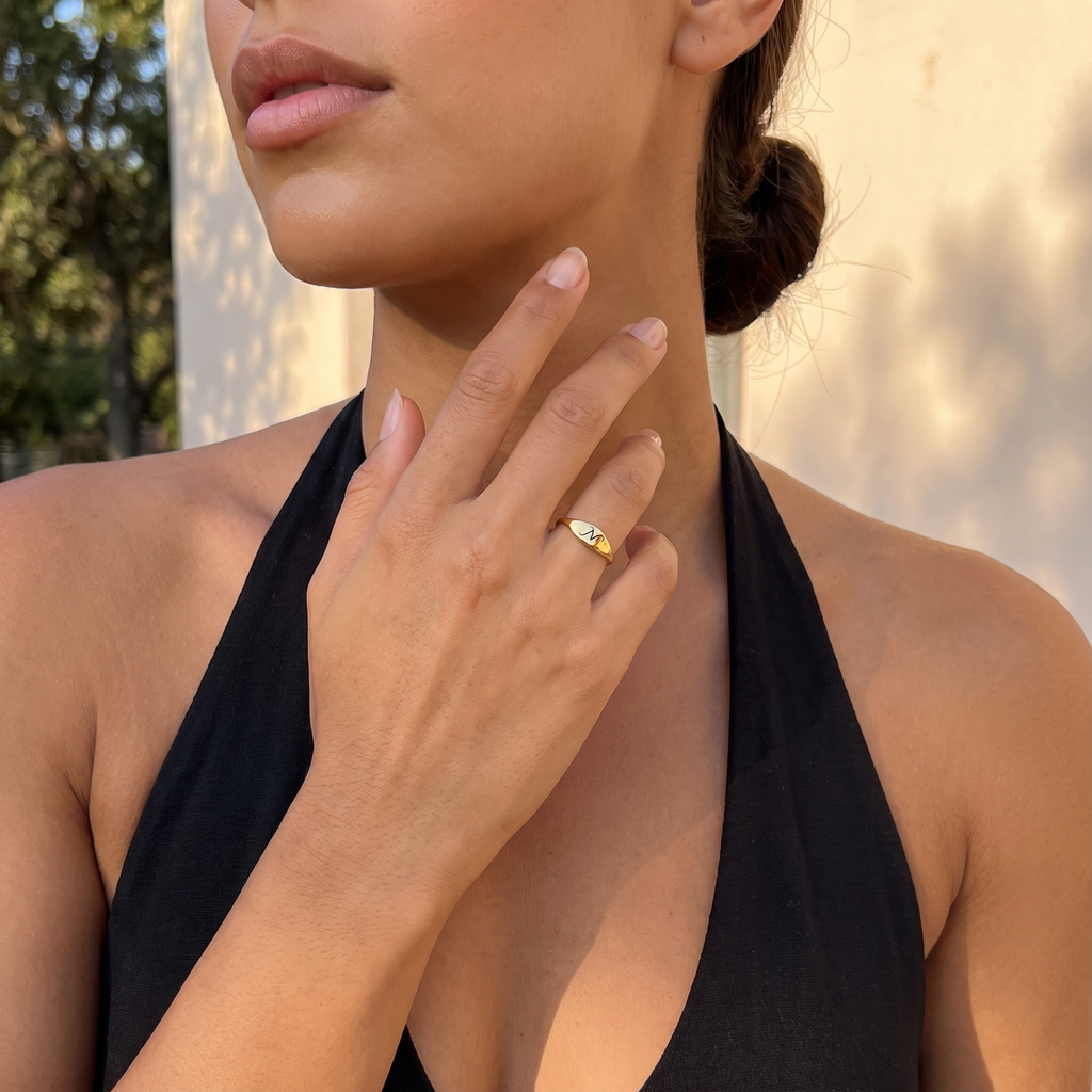 Personalized Dainty Engraved Script Initial Oval Tapered Signet Ring