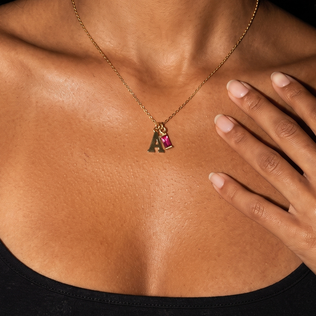 Initial Baguette Birthstone Necklace
