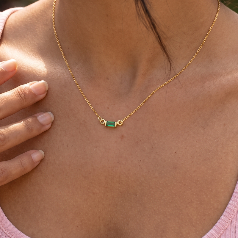 Green Baguette Necklace – Horizontal Solitaire Pendant