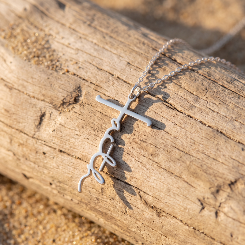 Faith Cross Necklace – Vertical Script Pendant