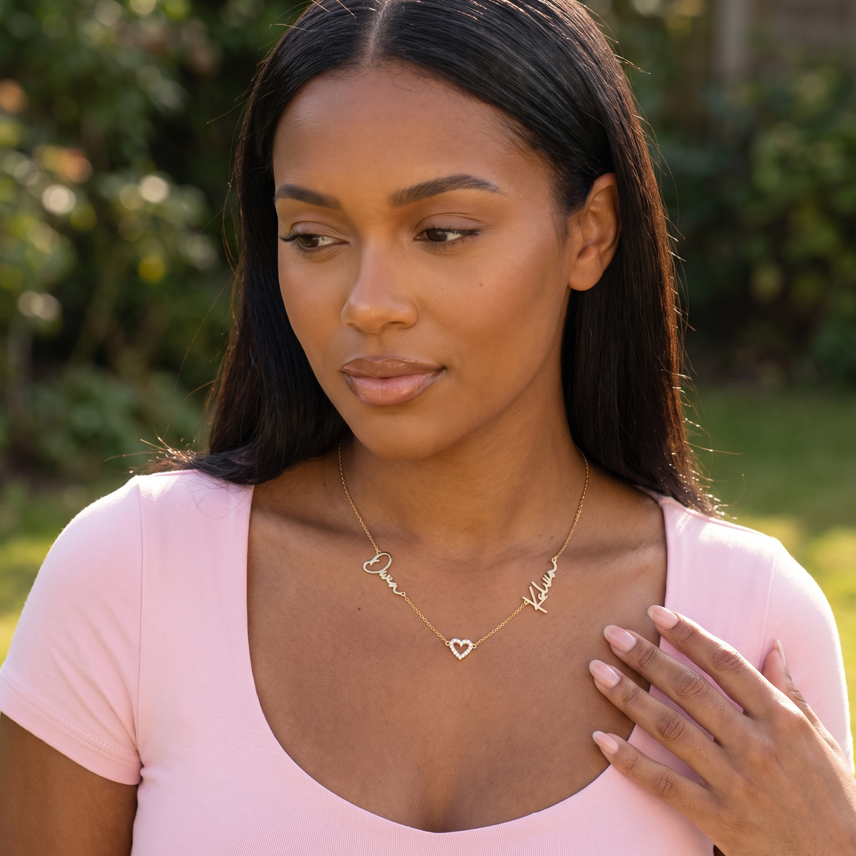 Pave Heart Couple Name Necklace