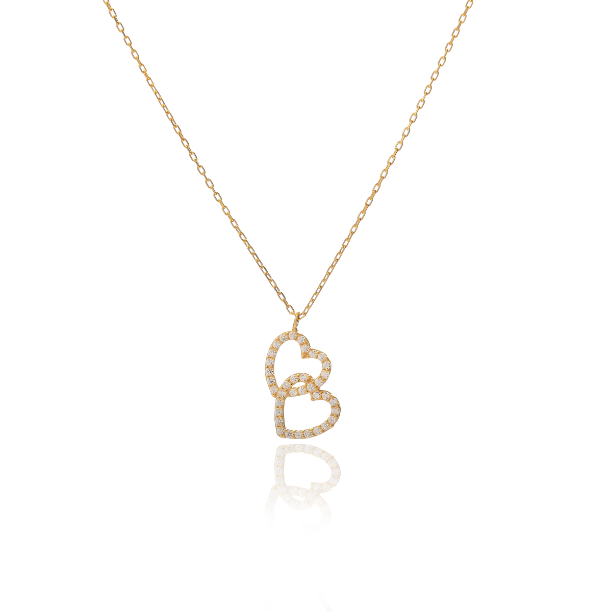 Dainty Pave Cubic Zirconia Double Heart Interlocking Pendant Necklace