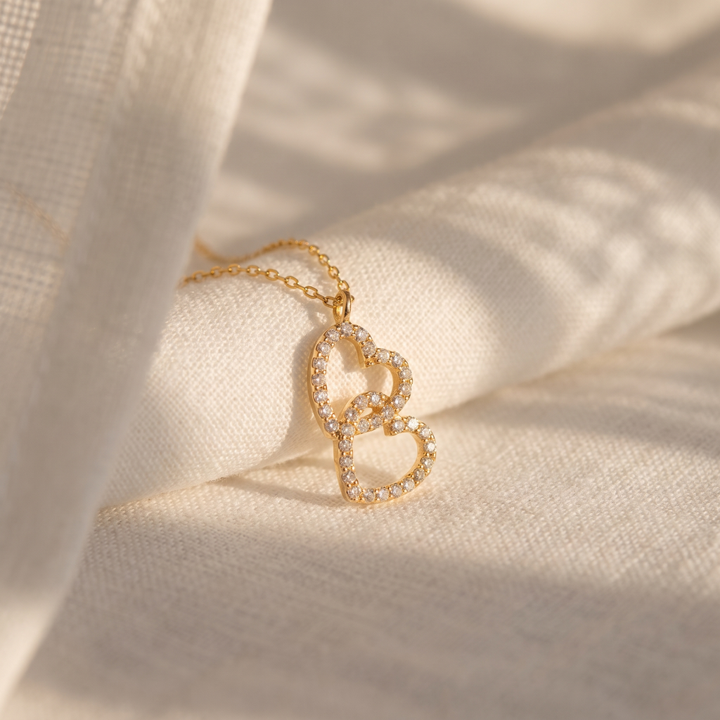 Dainty Pave Cubic Zirconia Double Heart Interlocking Pendant Necklace