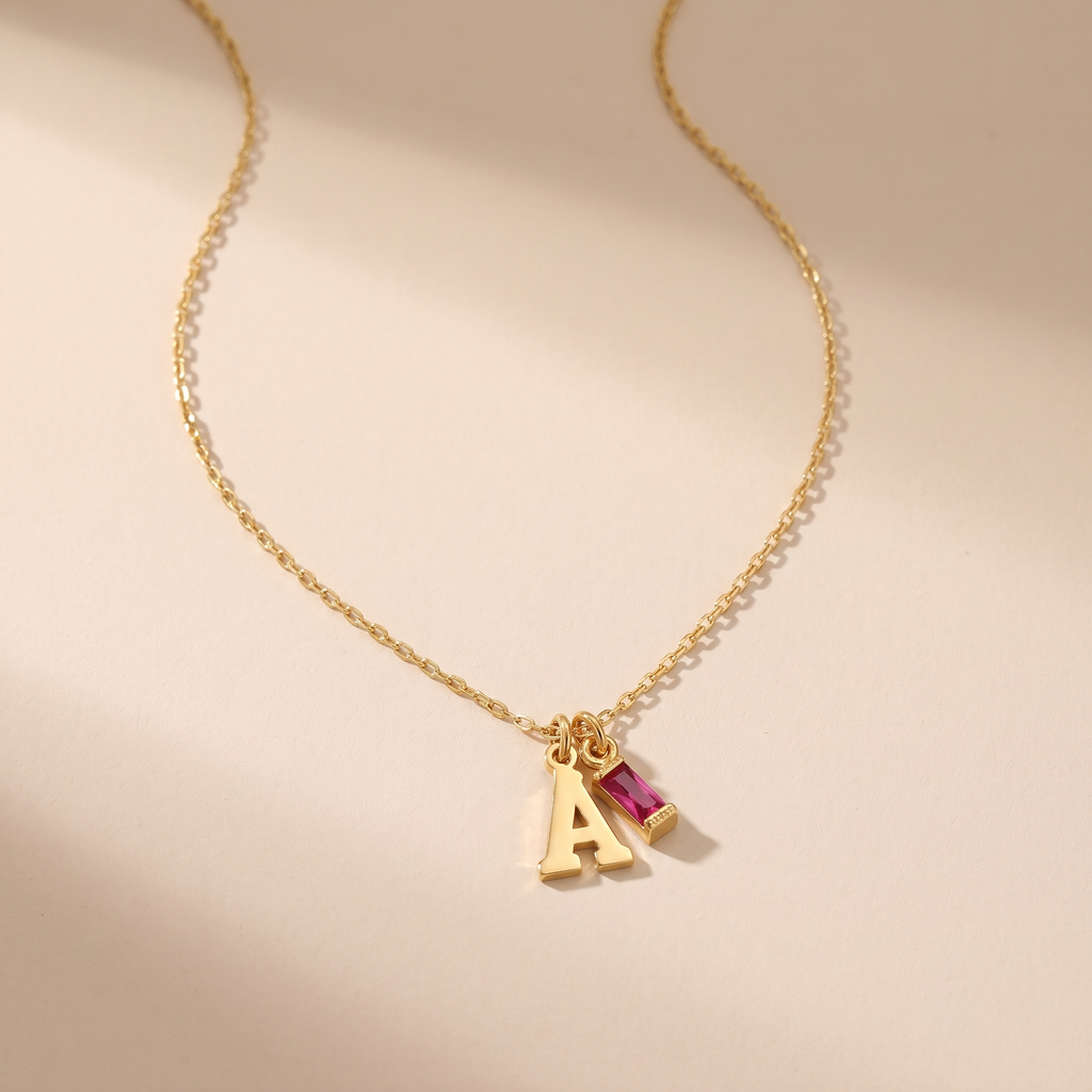Initial Baguette Birthstone Necklace