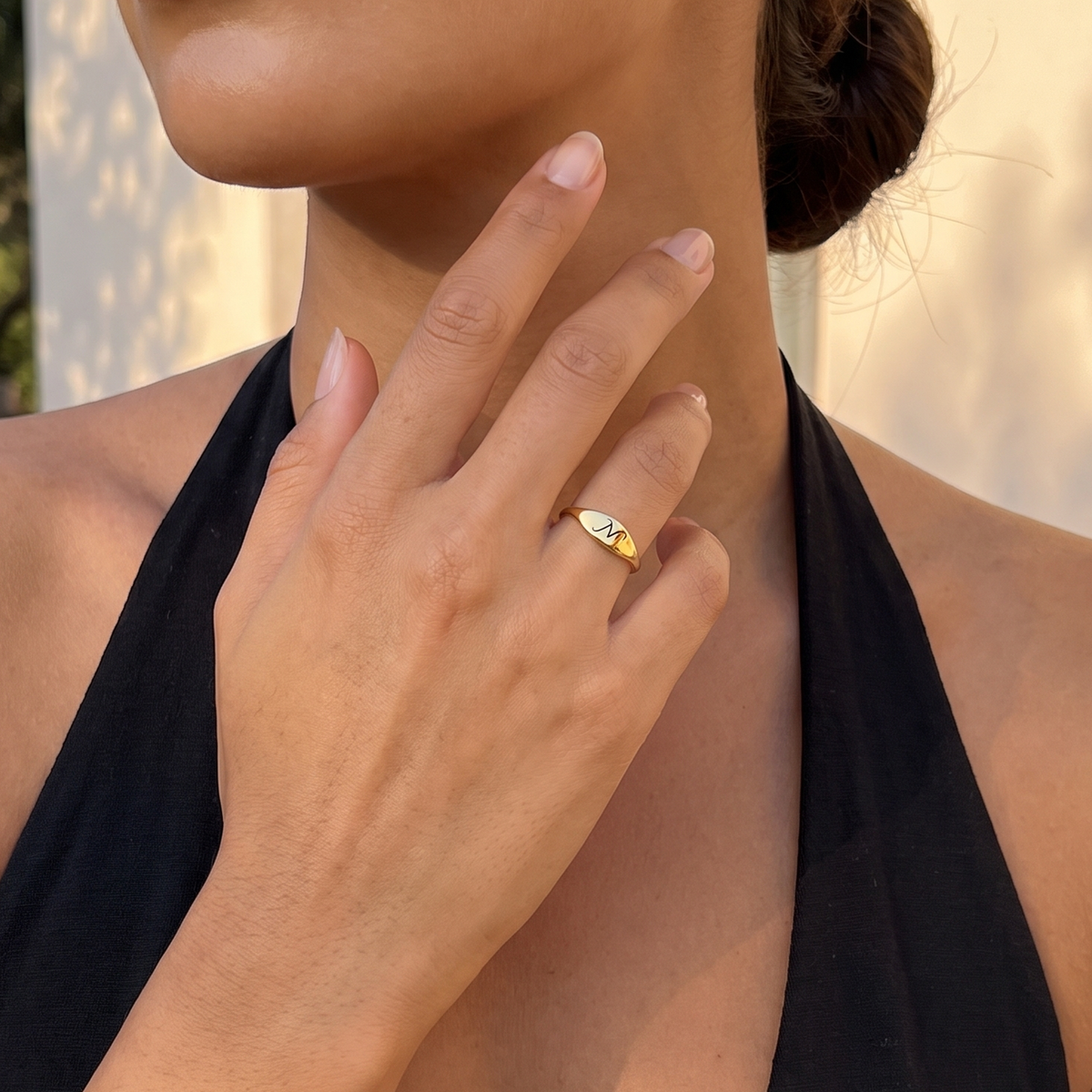 Personalized Dainty Engraved Script Initial Oval Tapered Signet Ring
