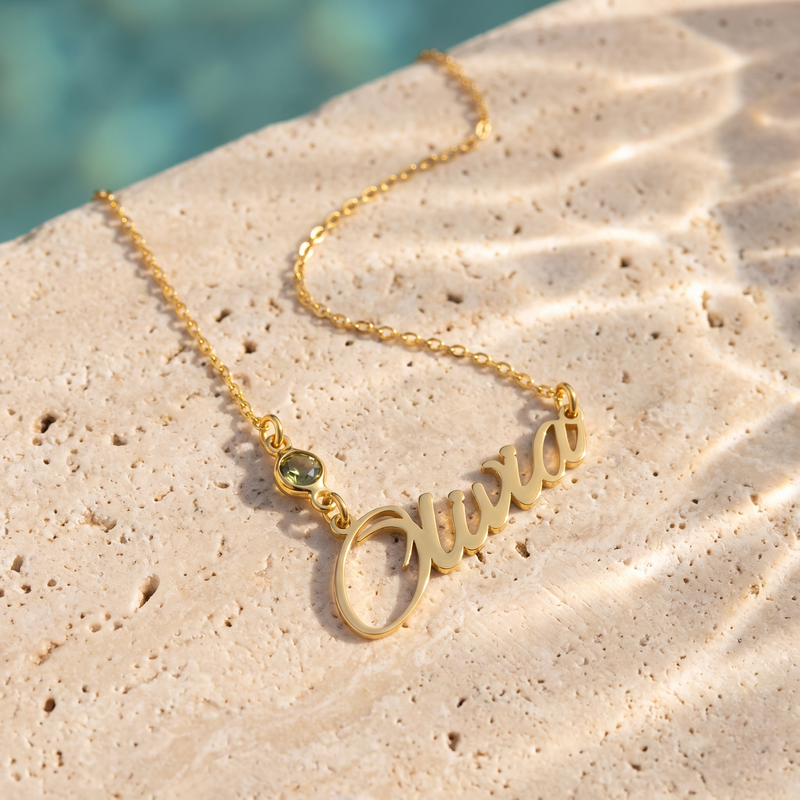 Name Necklace with Birthstone – Script Nameplate