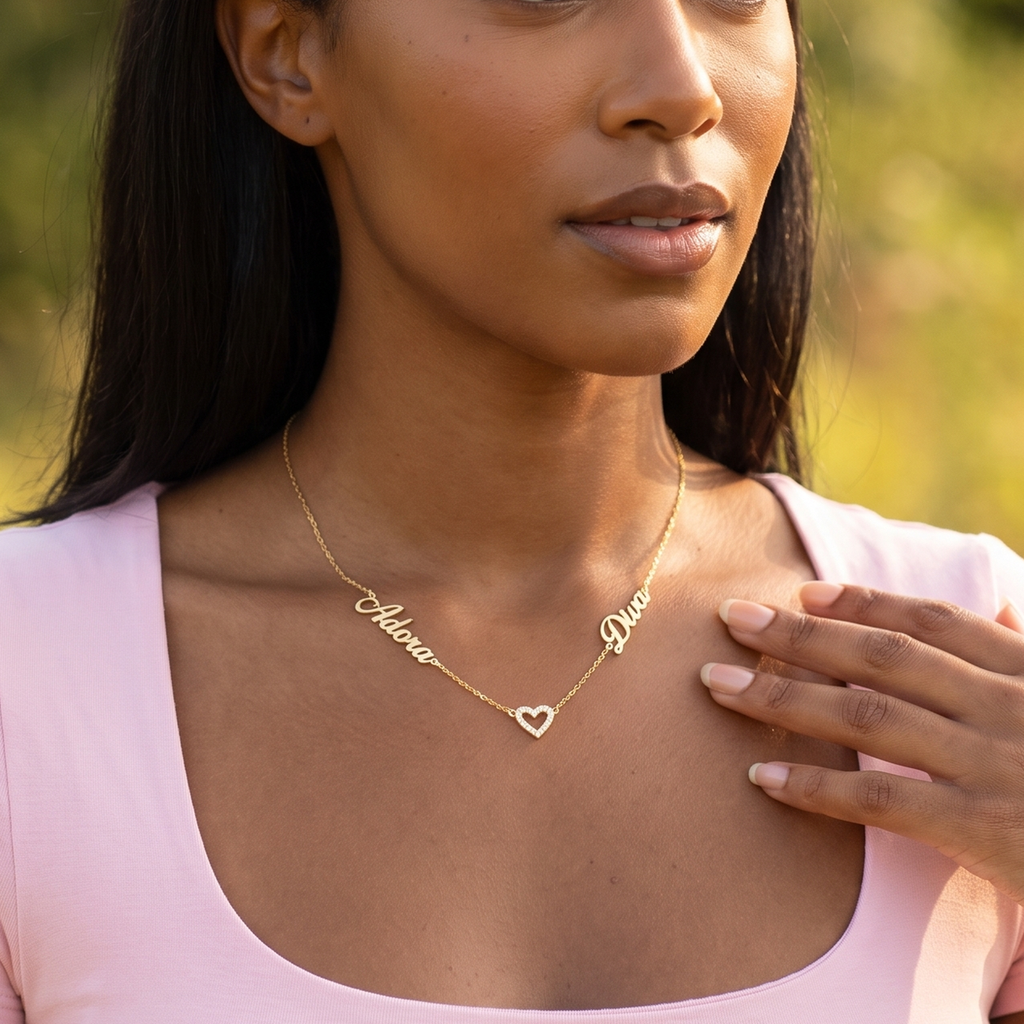 Pave Heart Couple Name Necklace