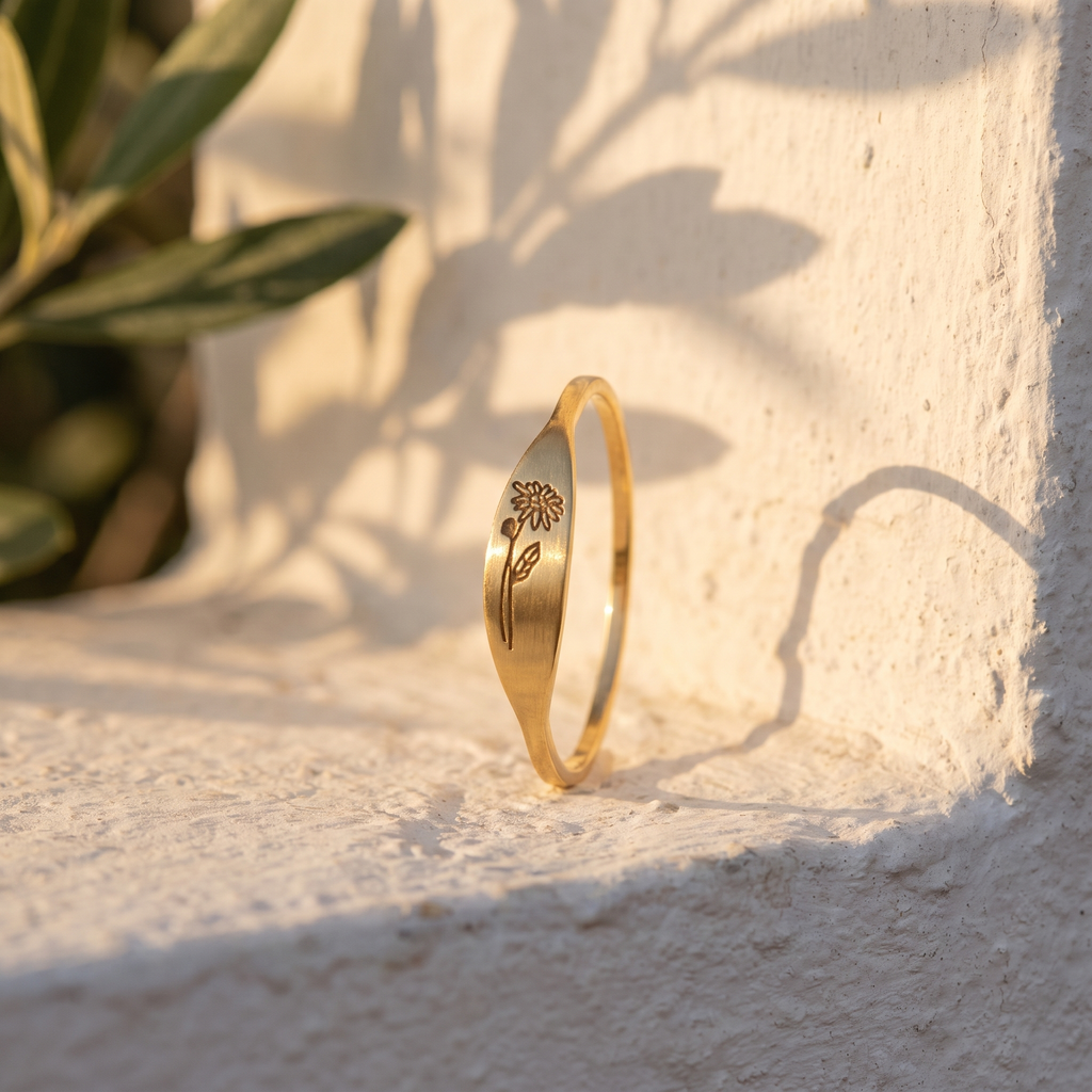 Personalized Dainty Engraved Birth Flower Tapered Oval Signet Ring