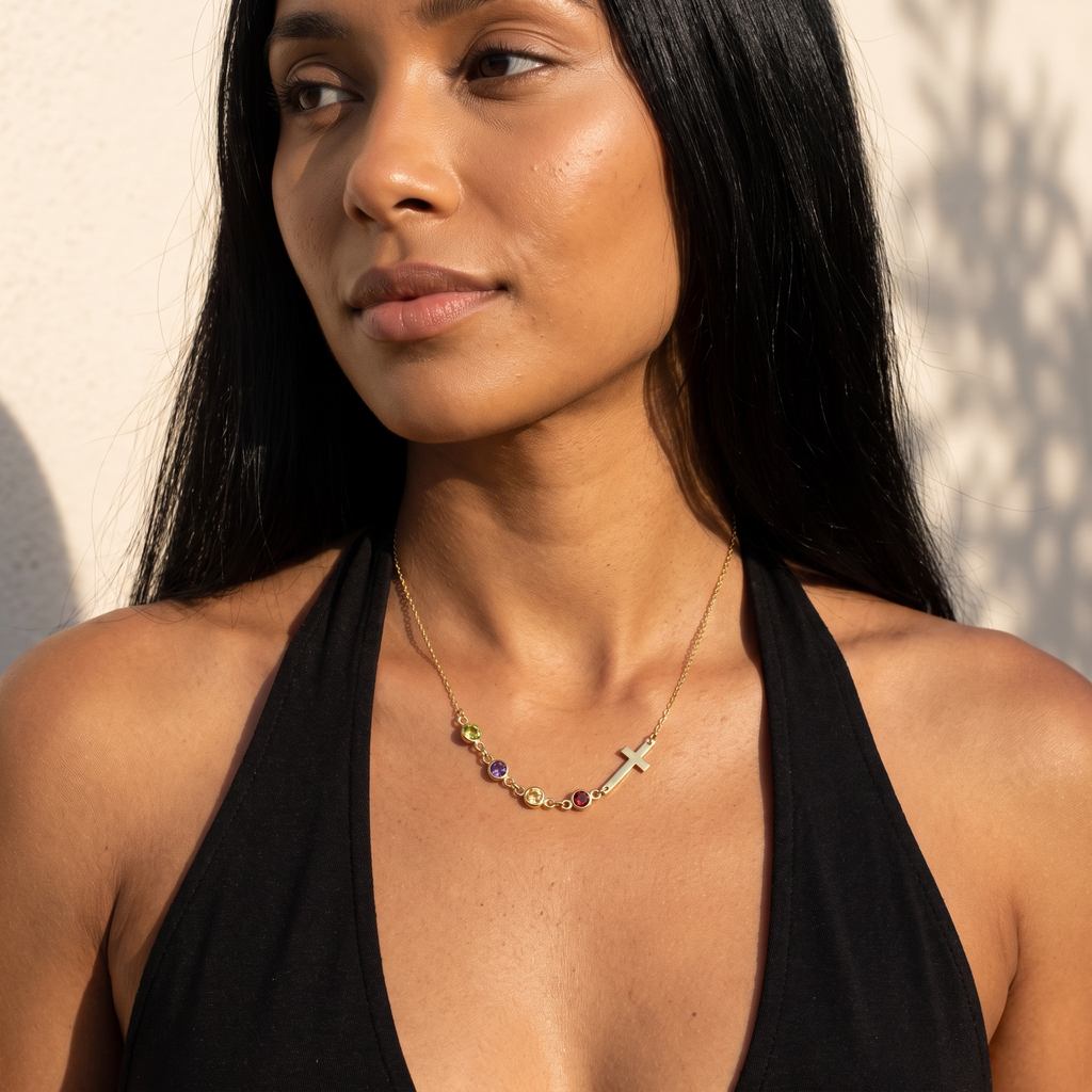 Sideways Cross Birthstone Necklace