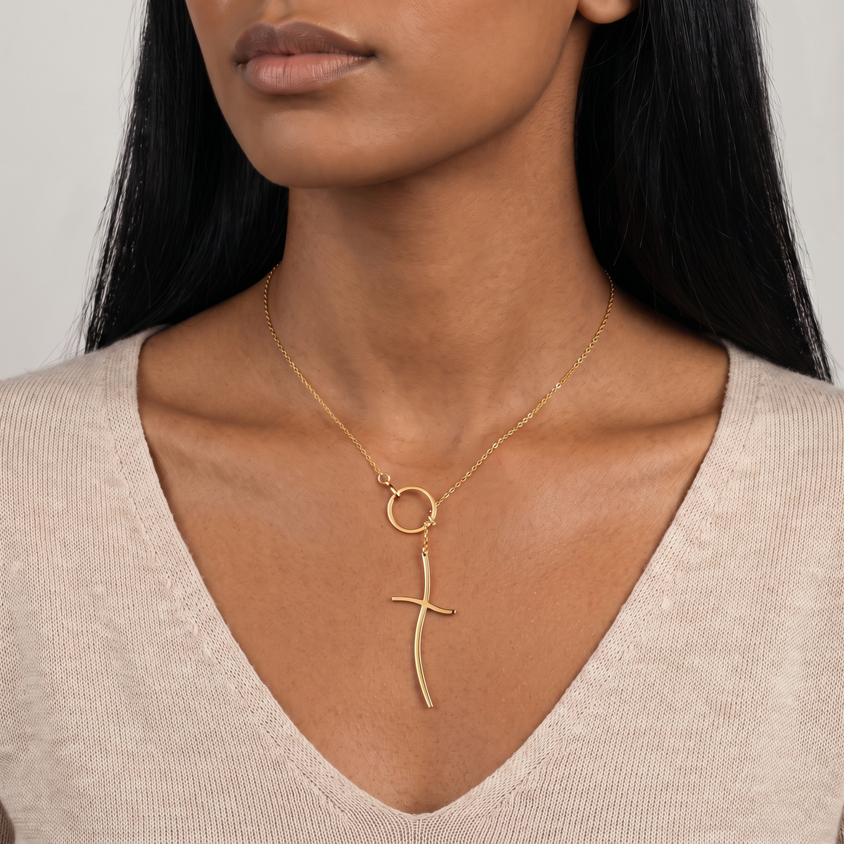 Curved Cross Lariat Necklace