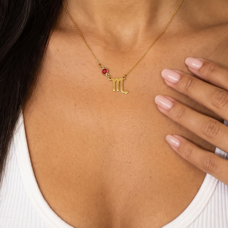 Zodiac Birthstone Necklace – Bezel Sign Pendant