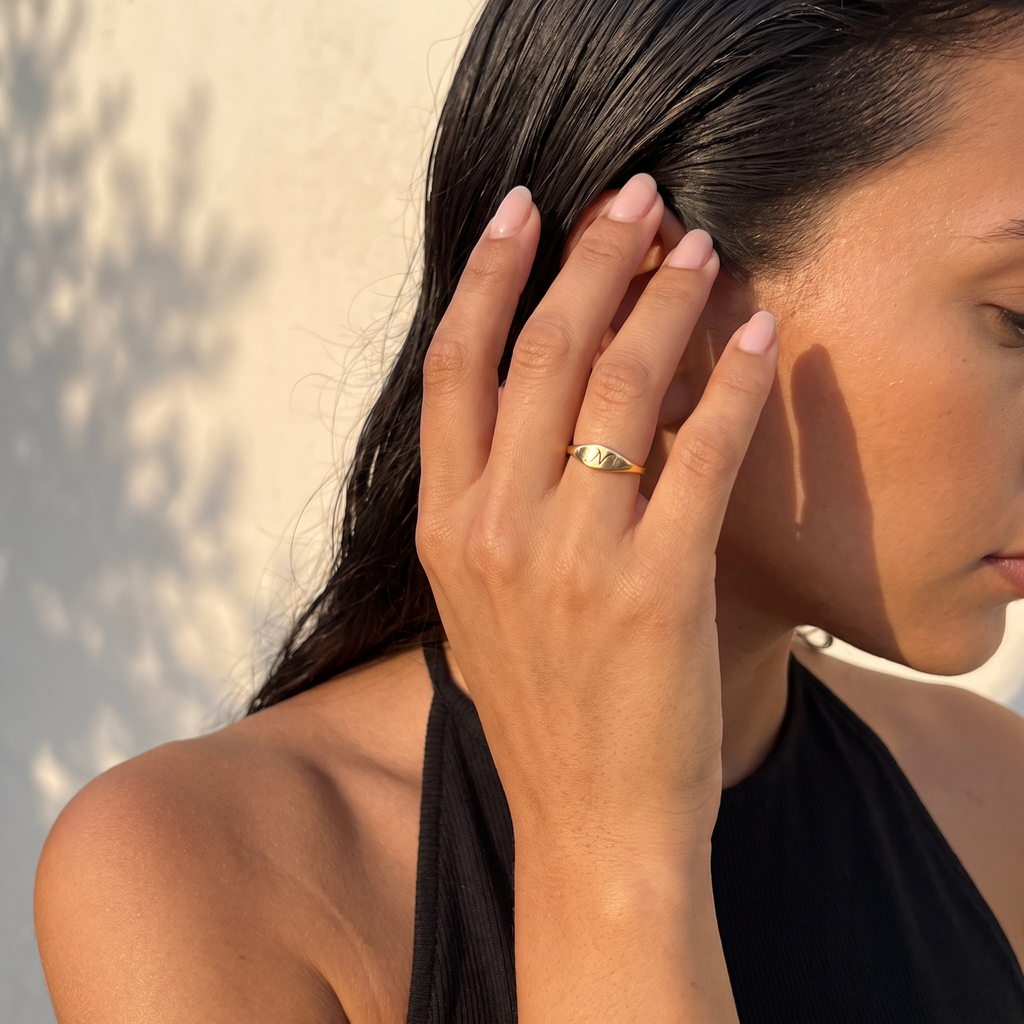Personalized Dainty Engraved Script Initial Oval Tapered Signet Ring