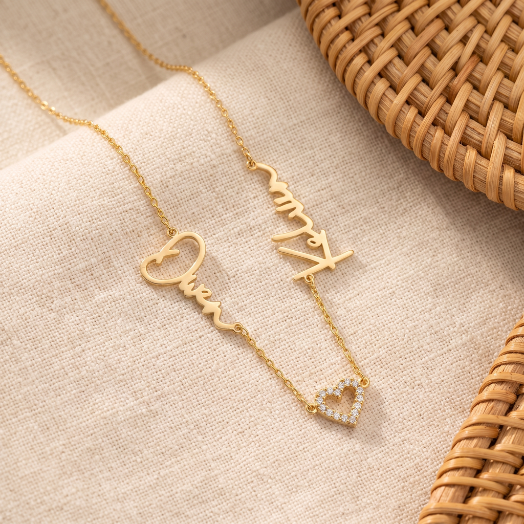 Pave Heart Couple Name Necklace