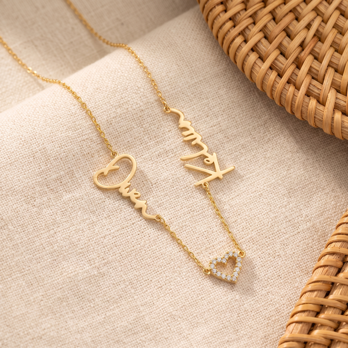 Pave Heart Couple Name Necklace