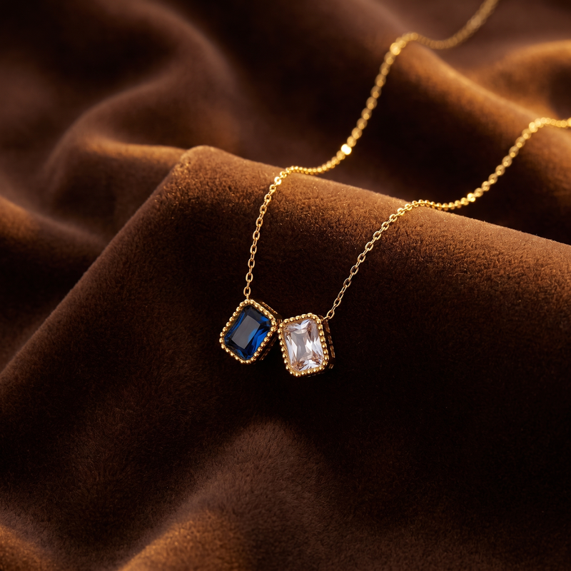 Two Birthstone Pendant – Emerald Cut Rectangle Necklace