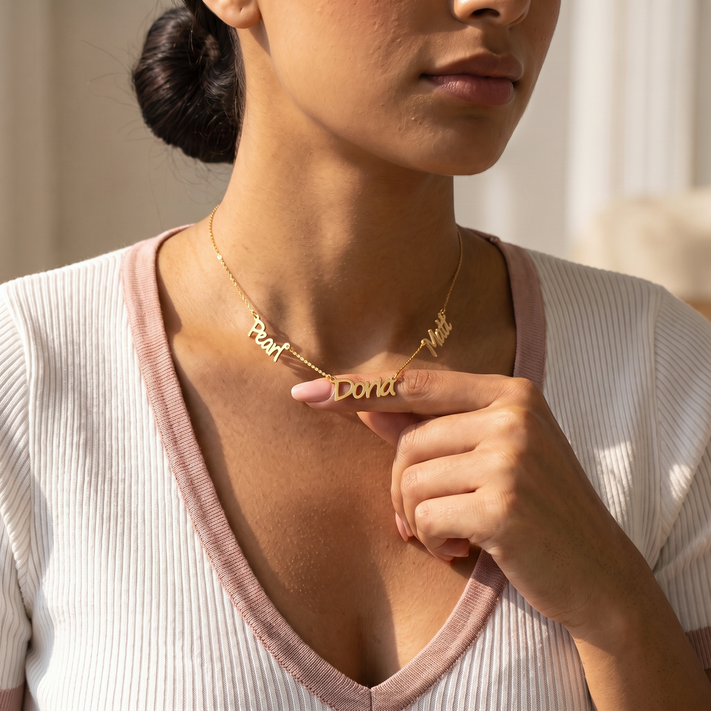 Personalized Dainty Three Name Script Cutout Necklace