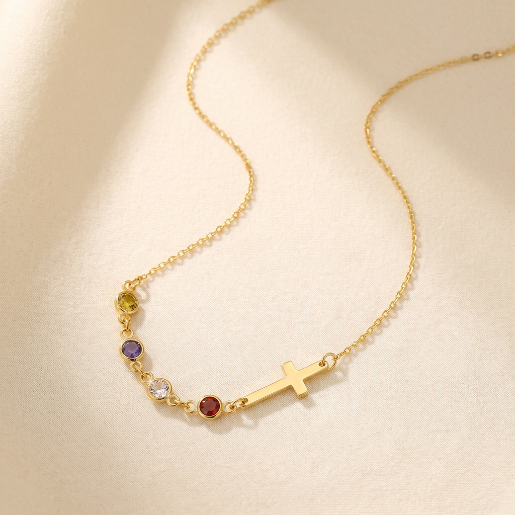 Sideways Cross Birthstone Necklace