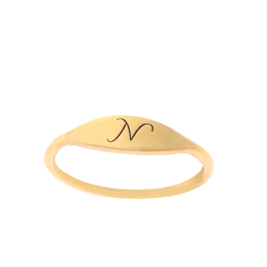 Personalized Dainty Engraved Script Initial Oval Tapered Signet Ring